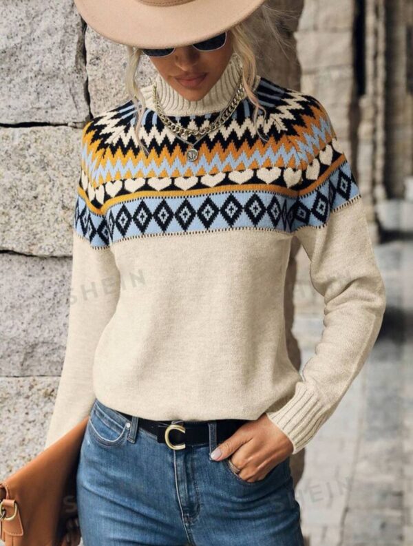 Sweater Shein cuello media polera con rombos y corazones