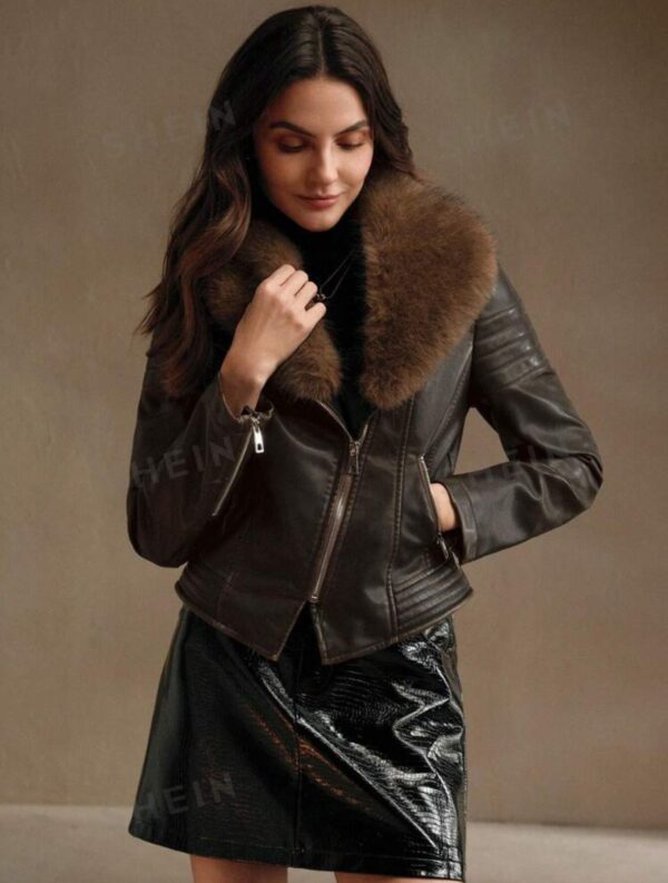 Chaqueta Shein eco cuero marrón gastado y cuello de piel - Imagen 2