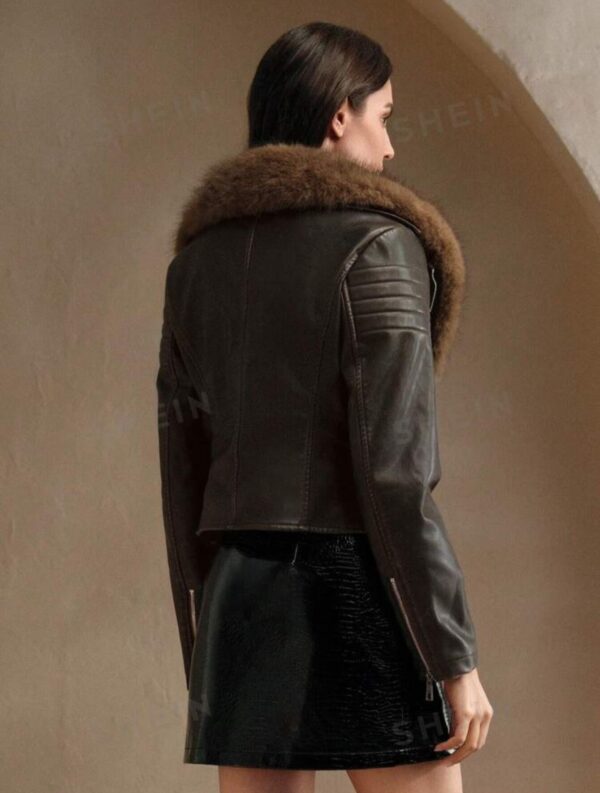 Chaqueta Shein eco cuero marrón gastado y cuello de piel - Imagen 3