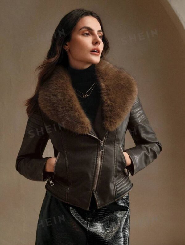 Chaqueta Shein eco cuero marrón gastado y cuello de piel